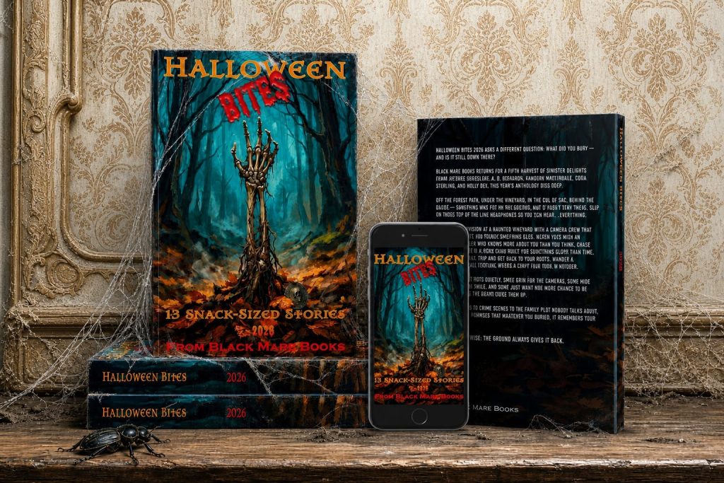Paperback copies of Halloween Bites 2026 lean against a wall, draped in cobwebs. A smartphone leans against the books and shows the cover image. 